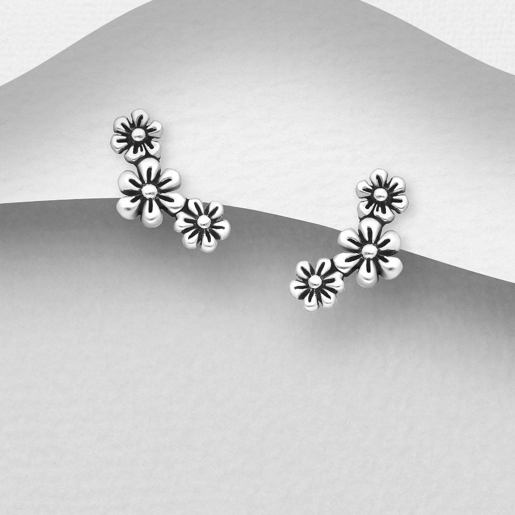 Flower Stud Earrings Oxidized Bohemian Solid 925 Sterling Silver